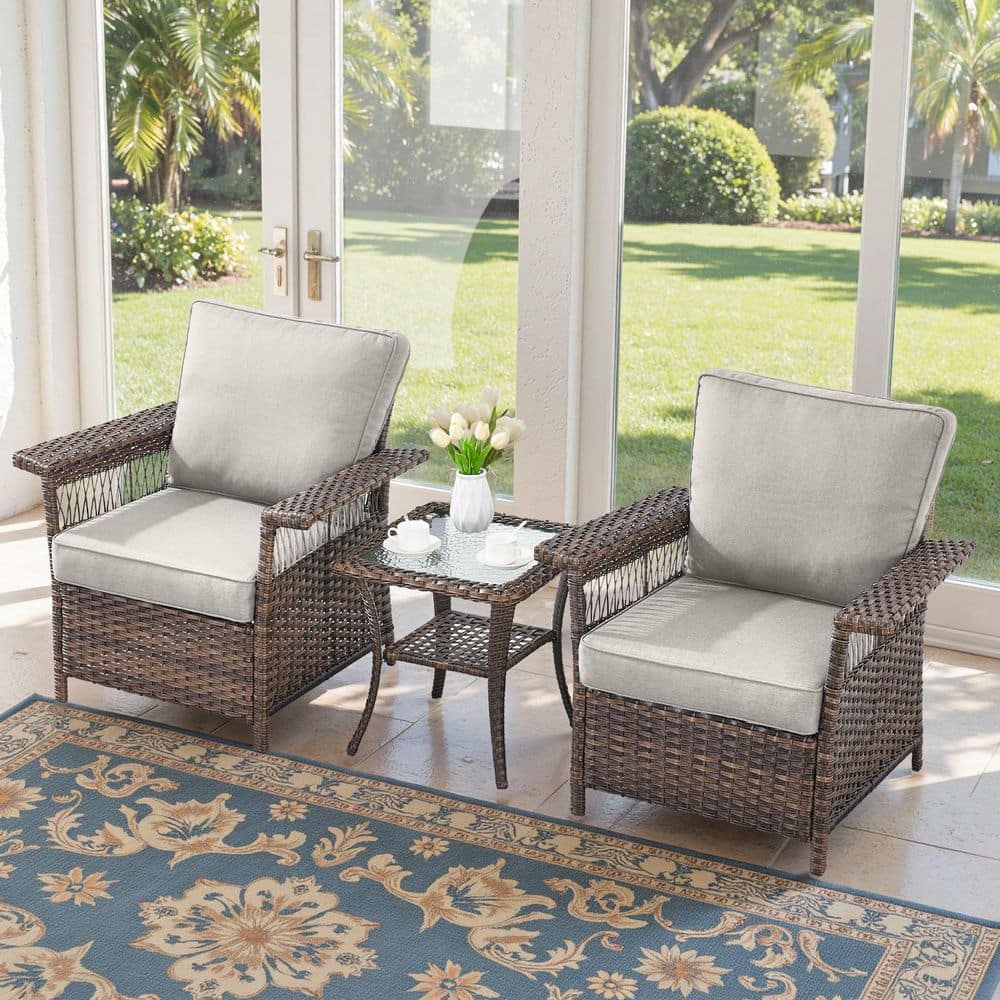 GliderNet Brown 3-Piece Wicker Armchairs Patio Conversation Set with 3.5 in. Thick Beige Cushions and Side Table price history on PriceWatchPro