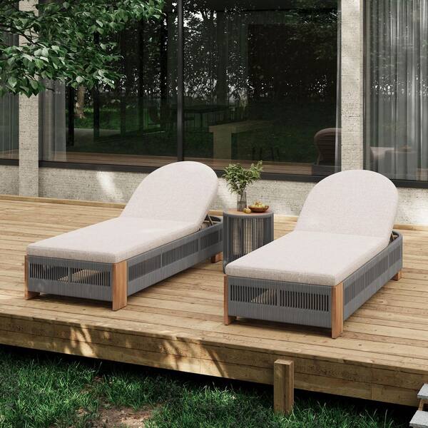 Wood and Gray Rope Outdoor Chaise Lounge Set of 5 with Side Table and Beige Cushions, Adjustable Backrest