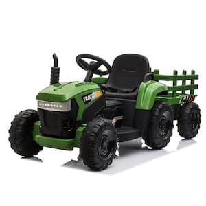 12-Volt Kids Ride-On Tractor Car Rechargeable Battery Powered Truck with Trailer/LED Lights/USB/Bluetooth, Dark Green