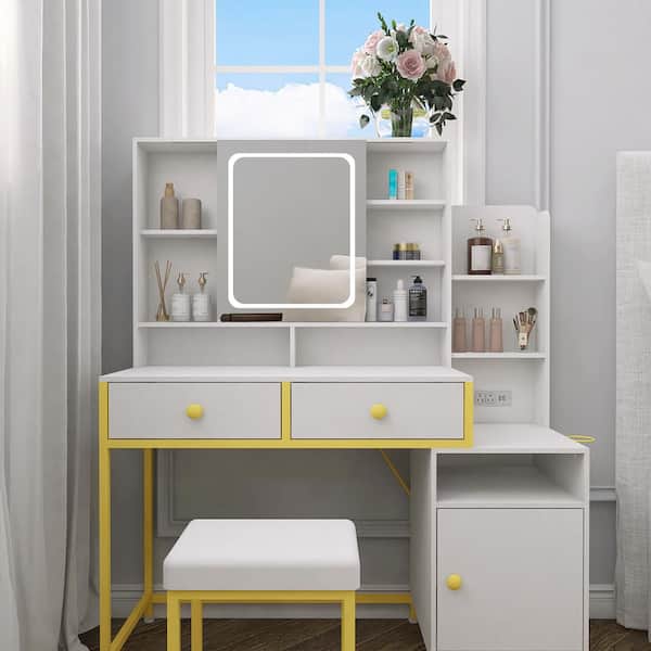 INNOBULE 46.5 in. Gold Makeup vanity set with Drawers and Charging Station and Lights, Sliding LED Lighted Mirror