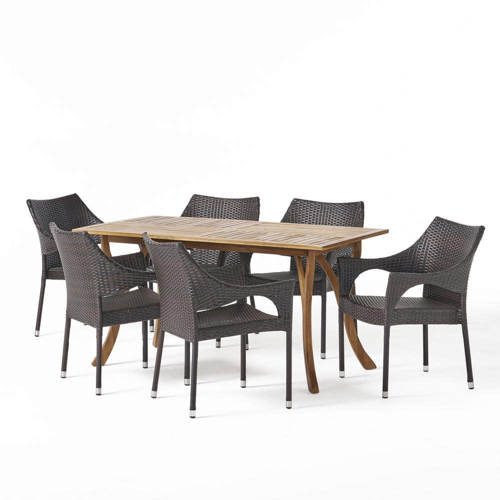 Noble House Noble 7-Piece Wood and Faux Rattan Outdoor Dining Set with Stacking Chairs -  41748