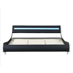 80.3 in.W Black White Wood Frame Faux Leather Upholstered King Size Platform Bed Frame with LED Lighting