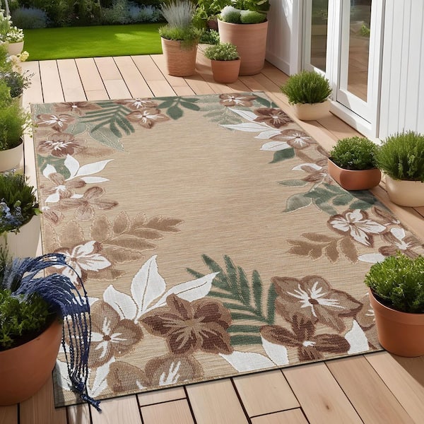 Eden  8 ft. x 10 ft. Beige Washable Border Floral Indoor Outdoor Area Rug