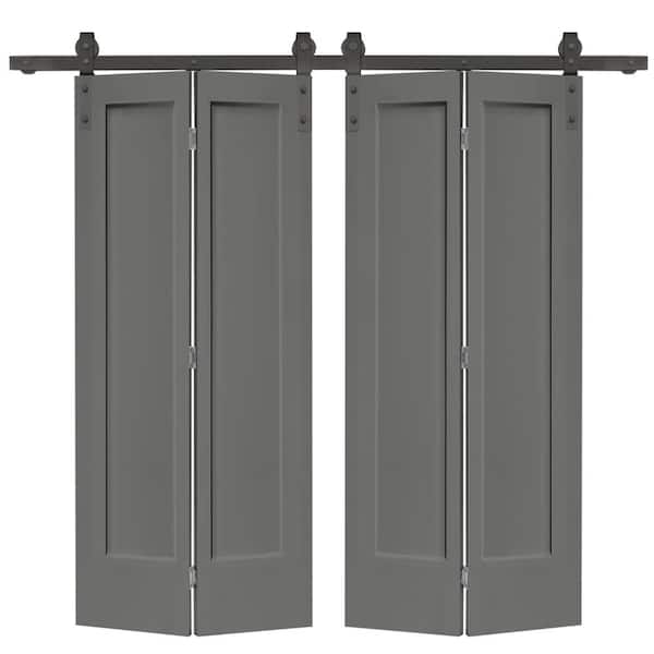 CALHOME 48 in. x 80 in. 1 Panel Shaker Light Gray Painted MDF Composite Double Bi-Fold Barn Door with Sliding Hardware Kit