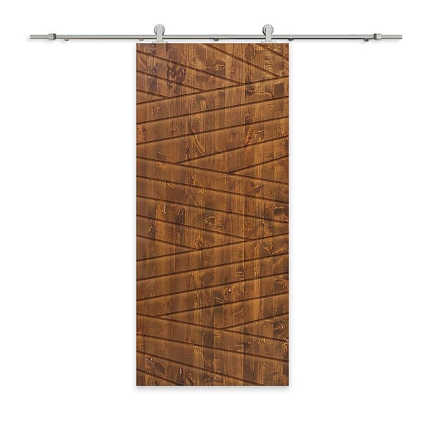 CALHOME 30 in. x 80 in. Walnut Stained Pine Wood Modern Interior Sliding Barn Door with Hardware Kit