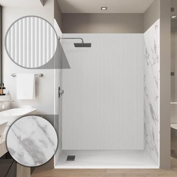 CASTICO Flute/Carrara 32 in. x 60 in. x 84 in. Solid Composite Stone Alcove Shower Kit with Walls and White Pan Base L/R Drain