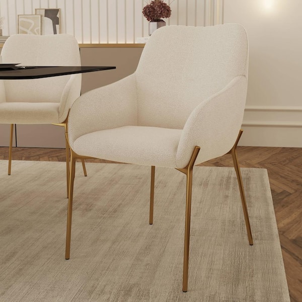 Zaire Dining Chair Upholstered in Boucle With Gold Chrome Legs, White
