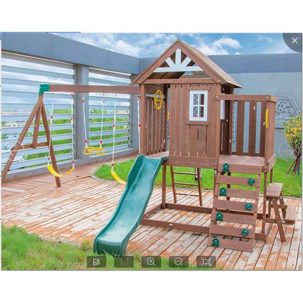 Outdoor Wooden Playset with Elevated Clubhouse, Rock Wall, Slide, and Double Swing Set price history on PriceWatchPro
