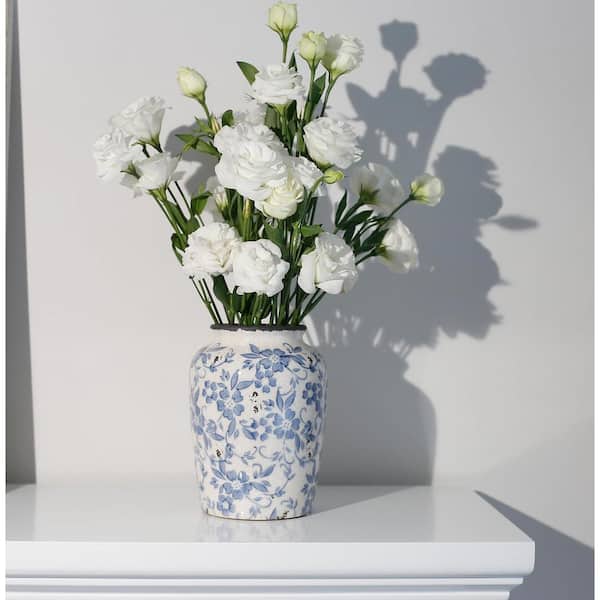 Round Blue Vase Flower Ceramic Porcelain Vintage Chinoiserie