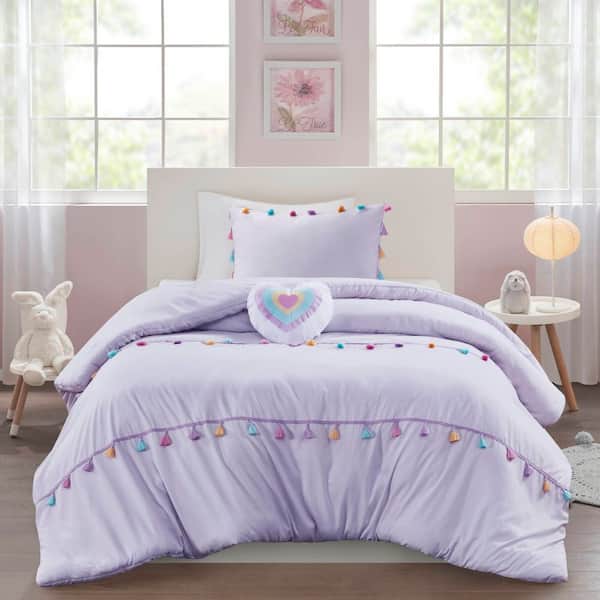 Tanya 4-Piece Lavender Polyester Full/Queen Tassel Comforter Set with Heart Shaped Throw Pillow