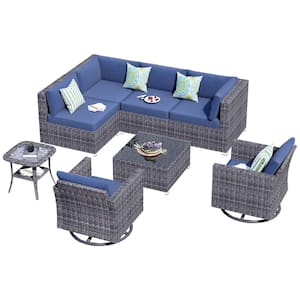 Messi Grey 8-Piece Wicker Outdoor Patio Conversation Sofa Set with Swivel Rocking Chairs and Denim Blue Cushions