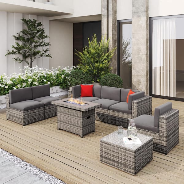 Sizzim 8-Piece Wicker Patio Set Conversation Set with 44 in. Fire Pit Coffee Table, Grey Cushion