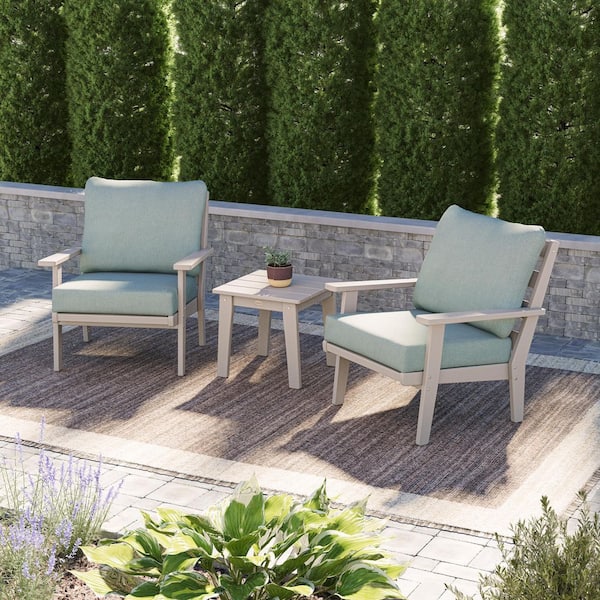 POLYWOOD Grant Park Sand 3-Piece Plastic Patio Conversation Deep Seating Set with Glacier Spa Cushions