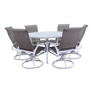 Santa Fe 7-Piece Hexagon Aluminum Outdoor Dining Set in White with 60 in. Hexagon Table and 6 Wicker Swivel Rockers