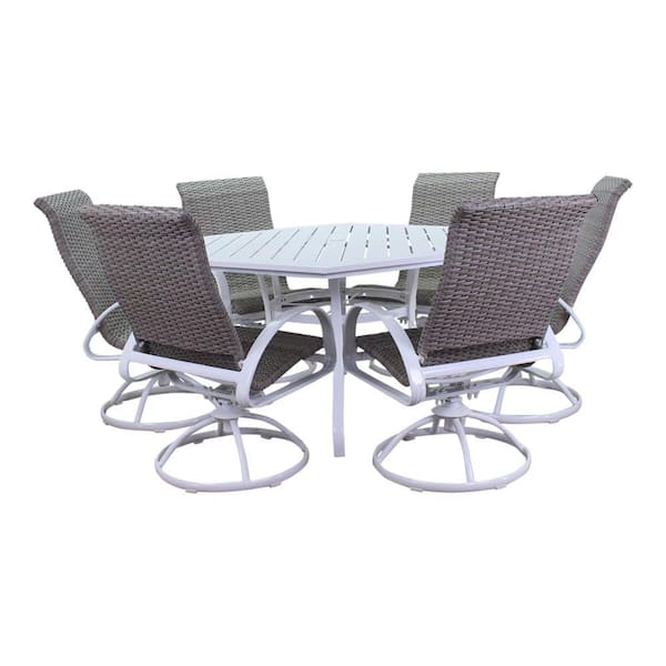 Courtyard Casual Santa Fe 7-Piece Hexagon Aluminum Outdoor Dining Set in White with 60 in. Hexagon Table and 6 Wicker Swivel Rockers