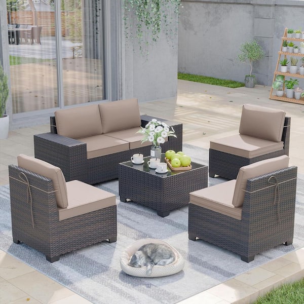 6-Piece Wicker Outdoor Patio Sectional Set with Glass Coffee Table, Sand Cushions, All-Weather Resistance
