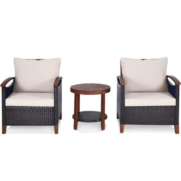 3-Pieces Wicker Outdoor Wooden Frame Patio Conversation Furniture Set with Beige Cushion