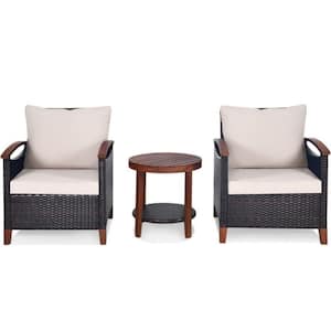 3-Pieces Outdoor Wicker Wooden Frame Patio Conversation Furniture Set with Beige Cushion