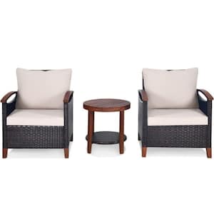 3-Pieces Wicker Outdoor Wooden Frame Patio Conversation Furniture Set with Beige Cushion