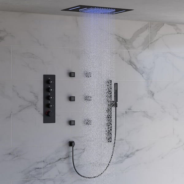 15-Spray 23 in. L x 15 in. W LED Flush Ceiling Mount Waterfall Fixed and Handheld Shower Head in Matte Black