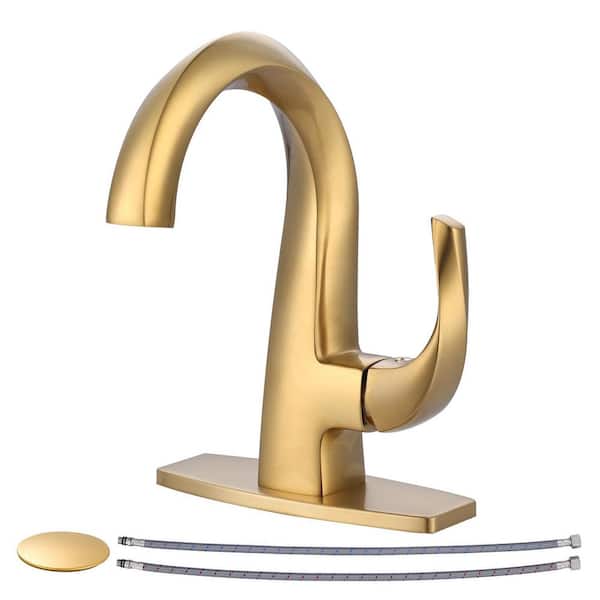 VEVETTA Single Handle Single Hole Bathroom Faucet with Pop-Up Drain and Deck Plate Included in Brushed Gold