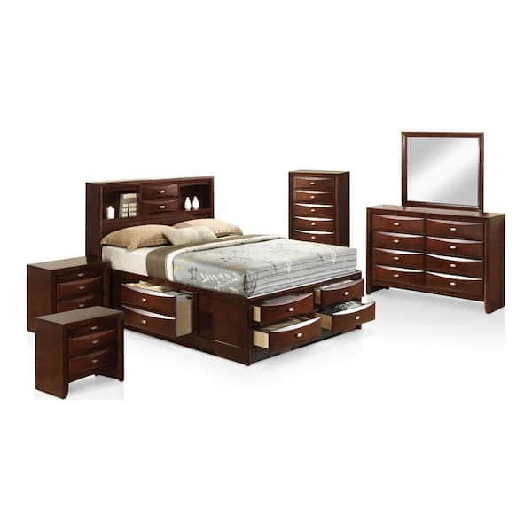 Lanten 6-Piece Brown Wood Frame Queen Bedroom Set with Side Drawers and Bookcase Headboard