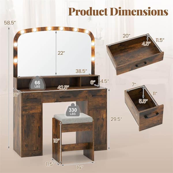 2-Piece Rustic Brown Makeup Vanity Set with Large Mirror 3-Color Lights for Bedroom