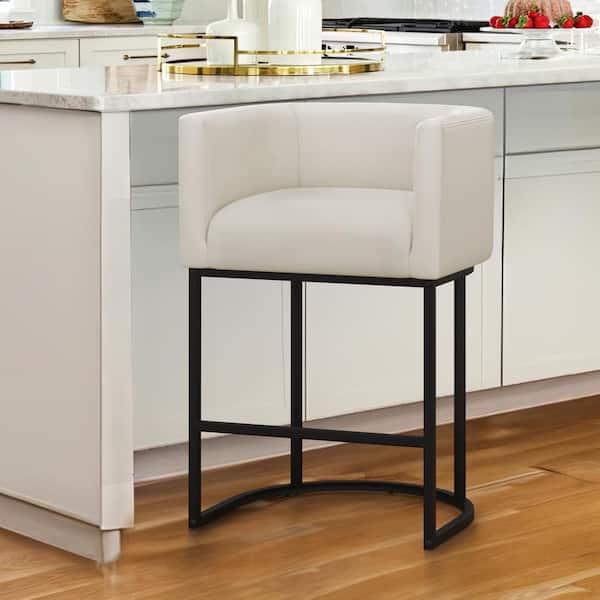 LUE BONA Jessica 26 in. Antique-White Modern Counter Bar Stool Fabric Upholstered Barrel Counter Stool with Metal Frame