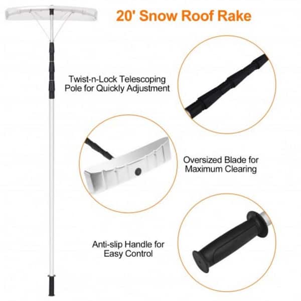 20FT Home Adjustable Snow Roof Rake Large Poly Blade Aluminum w/Non-Slip Handle 