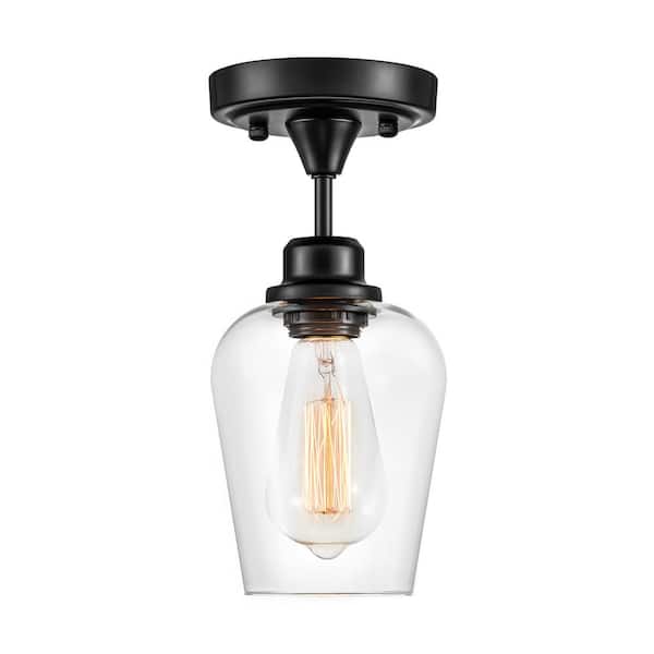 RRTYO Fritts 5.9 in. 1-Light Black Modern Hallway Semi-Flush Mount Ceiling Light with Clear Glass Wineglass Shade