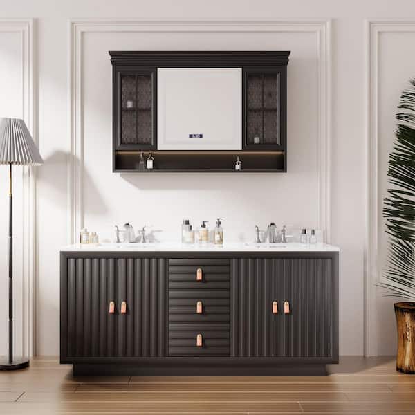 72 in. Black Wood Double Sink Freestanding Bathroom Vanity with White Marble Top(Assembled)