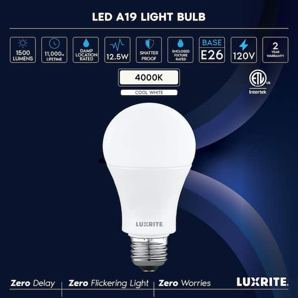 100 W Equivalent A19 LED Light Bulb 4000 K Cool White 12.5 W 1500 Lumens Non-Dimmable E26 ETL Listed Damp Rated 8-Pack