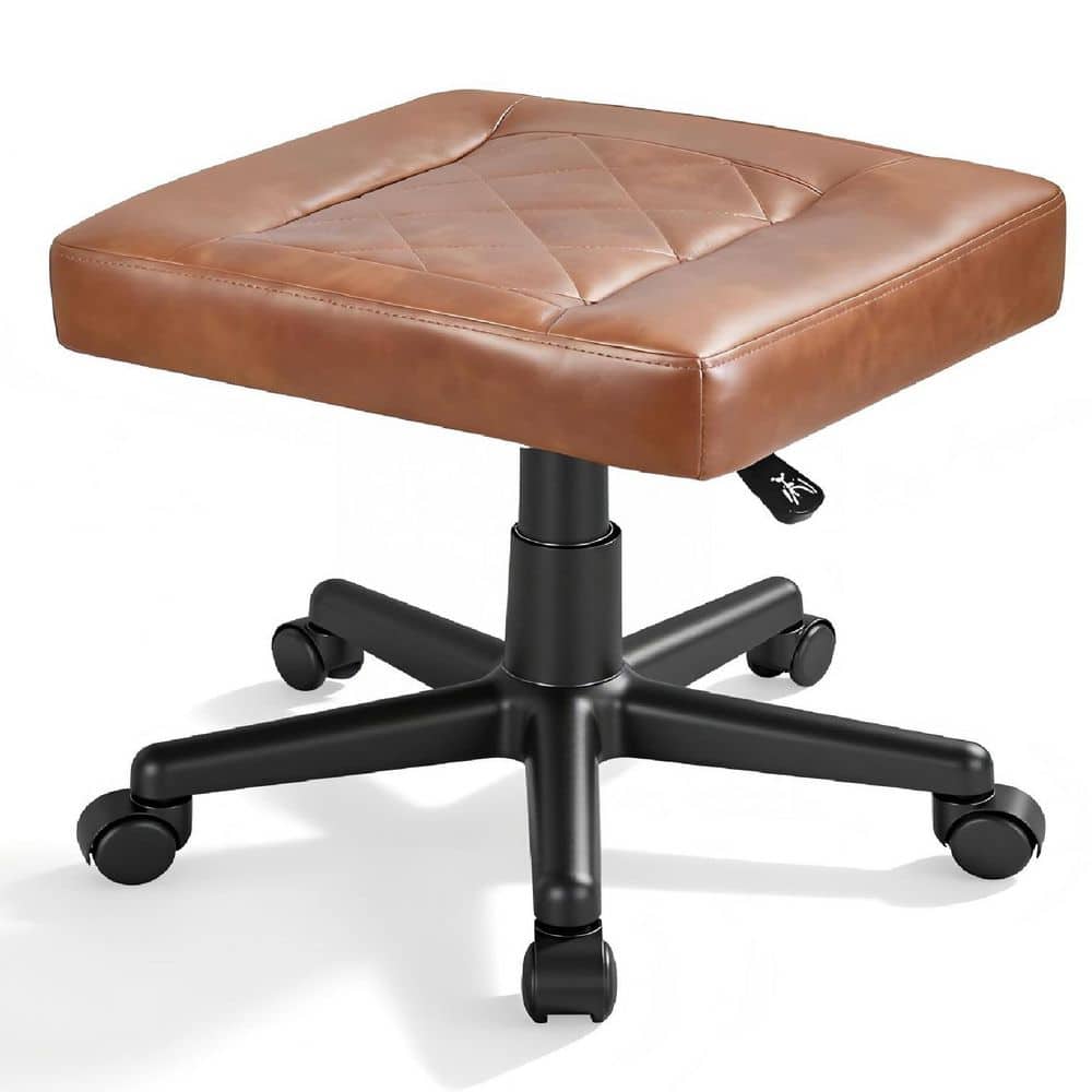Footrest Ottoman with Wheels Adjustable Height Rolling Foot Rest Stool for Office Chair Desk PU Leather, Brown