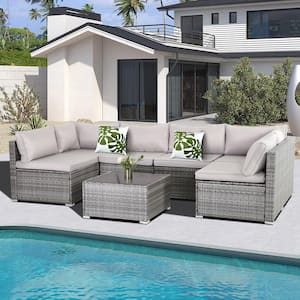 7-Piece Wicker Patio Conversation Set with Table and Gray Cushions