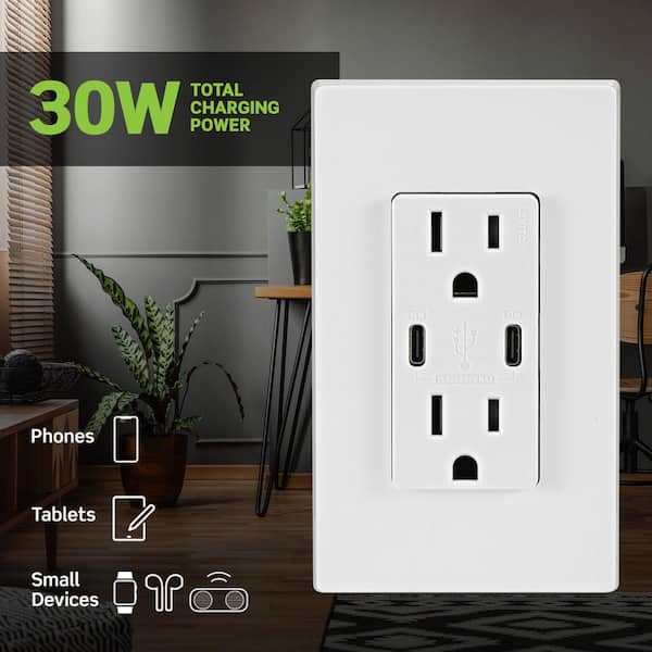 30-Watt 6 Amp White USB Type-C/C 15 Amp Tamper-Resistant Outlet USB Charger for Smartphones and Tablets, Not for Laptops