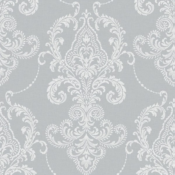 Valda Slate Grey Embroidered Damask Wallpaper Sample