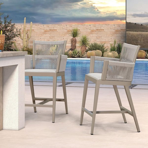 Modern Wicker Outdoor Counter Height Outdoor Bar Stools with High Back and Armrests w/ Beige Cushion Champagne (2-Pack)