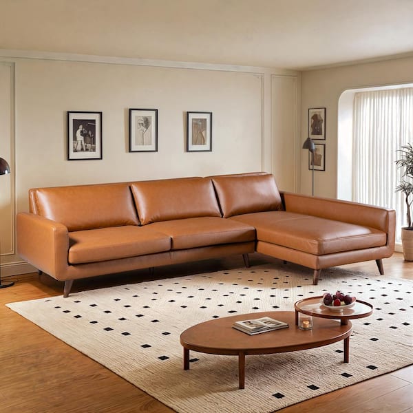 Belle 111 in. W Square Arm 2-Piece Vegan Leather L-Shaped Modern Right Facing Corner Sectional Sofa in Cognac (Seats 4)