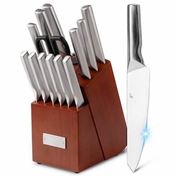 High Carbon Stainless Steel Japanese Kitchen Knife Set with Wooden Block and Built-In Sharpener, SilverRed
