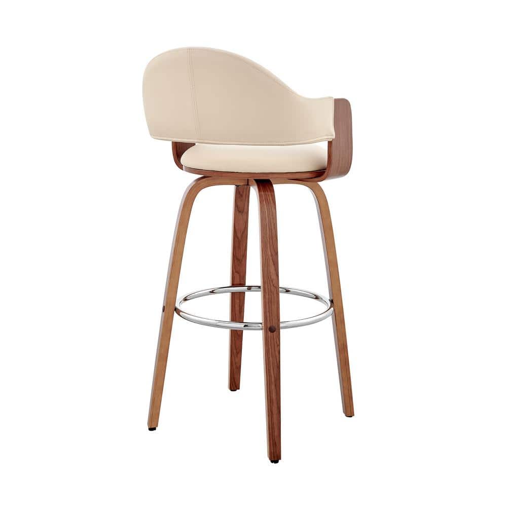 Cream Faux Leather and Walnut Wood Swivel Bar Stool