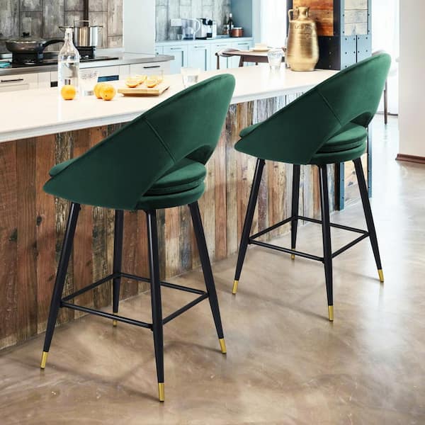 HomeRoots Charlie 27.6 in. Green High Back Metal Counter Stool with Velvet Seat Set of 2