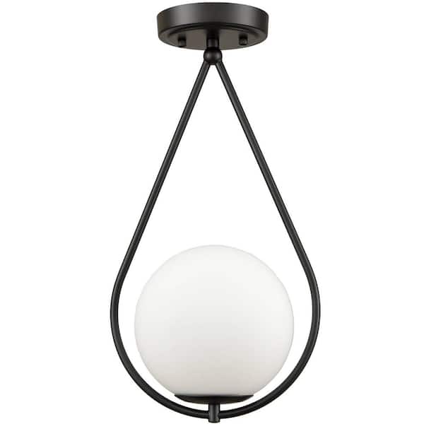 CLAXY 9.4 in. 1-Light Black Modern Semi-Flush Mount with Frosted Glass Shade and No Bulbs Included 1-Pack