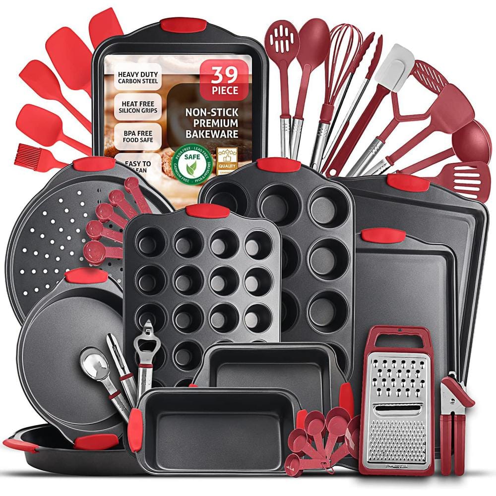 NutriChef 10-Piece Non-Stick Kitchen Oven Baking Pans - Steel Bakeware Set  with Red Silicone Handles in the Bakeware department at