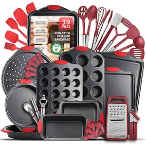 39-Piece Nonstick Black Steel Bakeware Set with Red Utensil and Silicone Handles