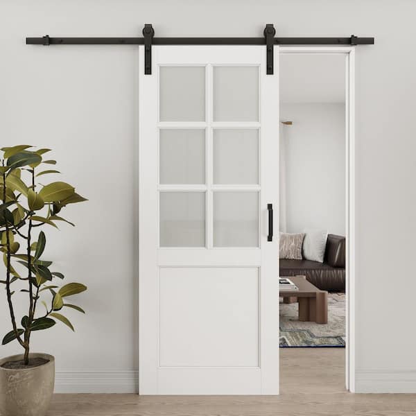 32 in. x 80 in. 6 Lite Tempered Frosted Glass White Primed Solid Core MDF Sliding Barn Door with Hardware Kit
