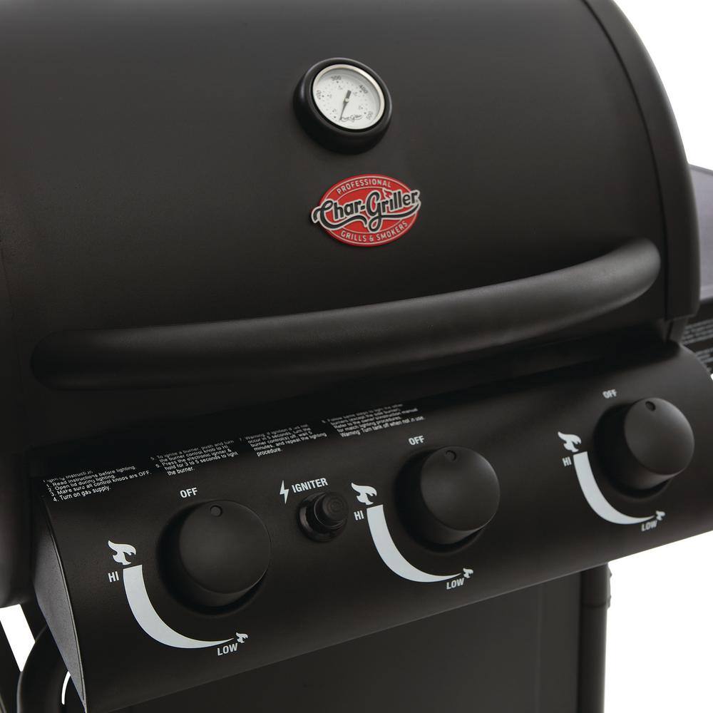 Char Griller E3072 3 Burner Propane Gas Grill In Black With Side Burner