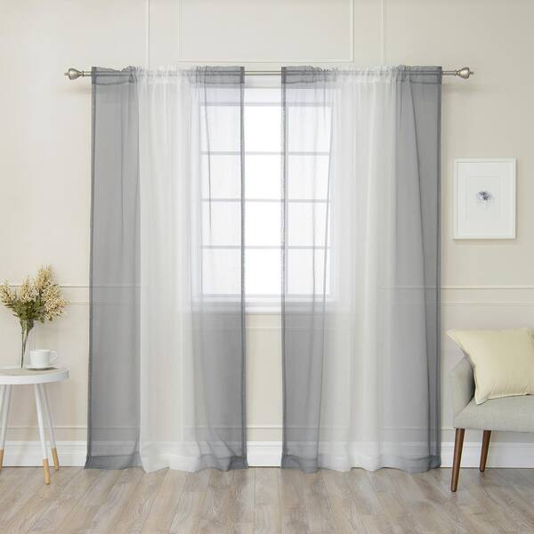 Best Home Fashion 84 in. L Grey Sheer Faux Linen Rod Pocket Ombre Border Curtain (2-Pack)