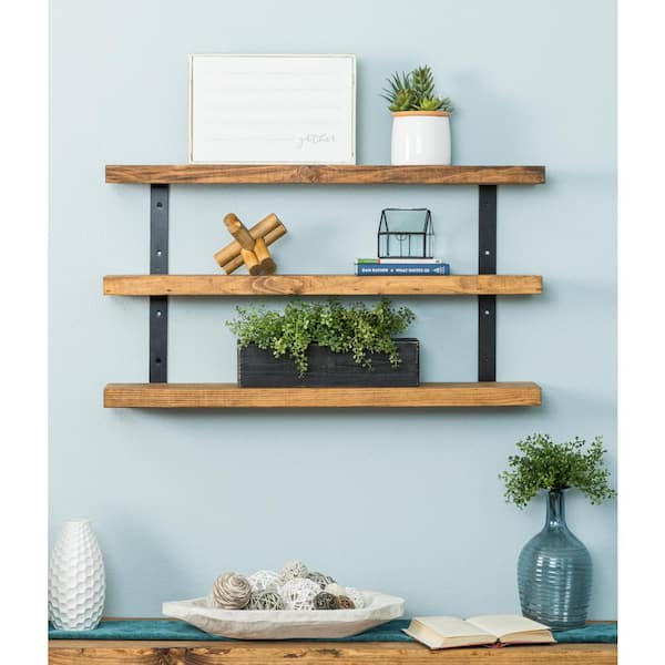 Del Hutson Designs Industrial Grace 5.5 in. x 36 in. x 20 in. Walnut Pine Wood 3-TIer Decorative Wall Shelf with Brackets