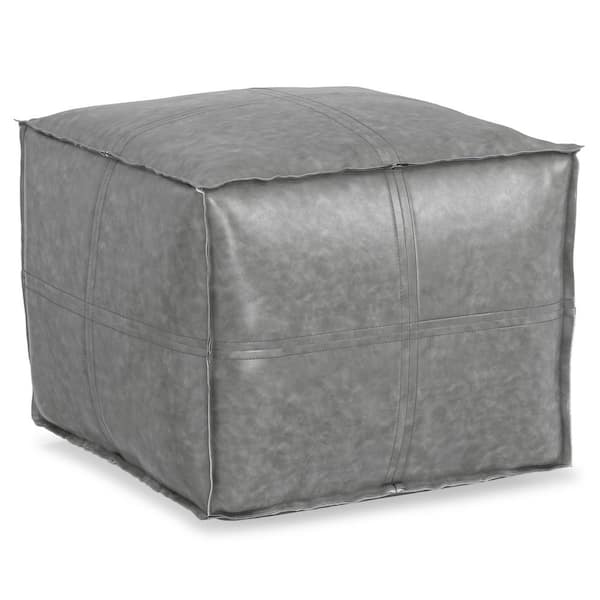 Simpli Home Brody Boho Square Pouf in Distressed Grey Vegan Faux Leather