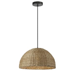 Pourel 1 Light Black Shaded Pendant Light with Natural Seagrass Shade